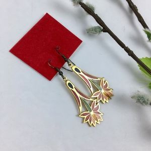 Gold Red Inset Stone Flower Dangly Earrings